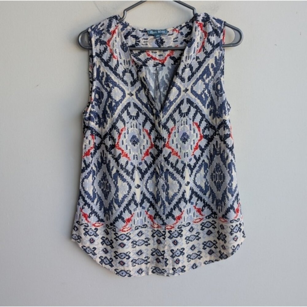 Fleur Bleue Ikat Print Button Down Sleeveless Top